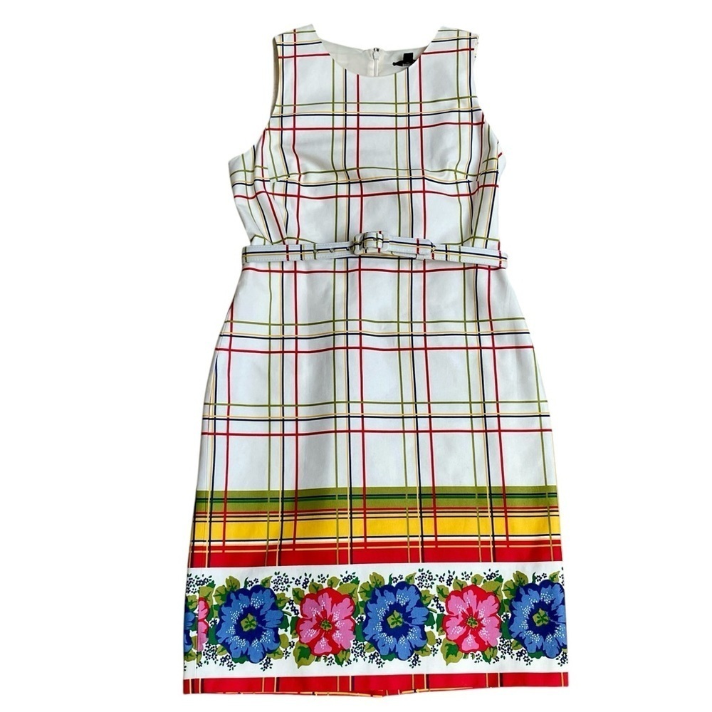J.Crew Plaid Floral Border Sheath Dress Cotton Size 8 - Picture 3 of 15
